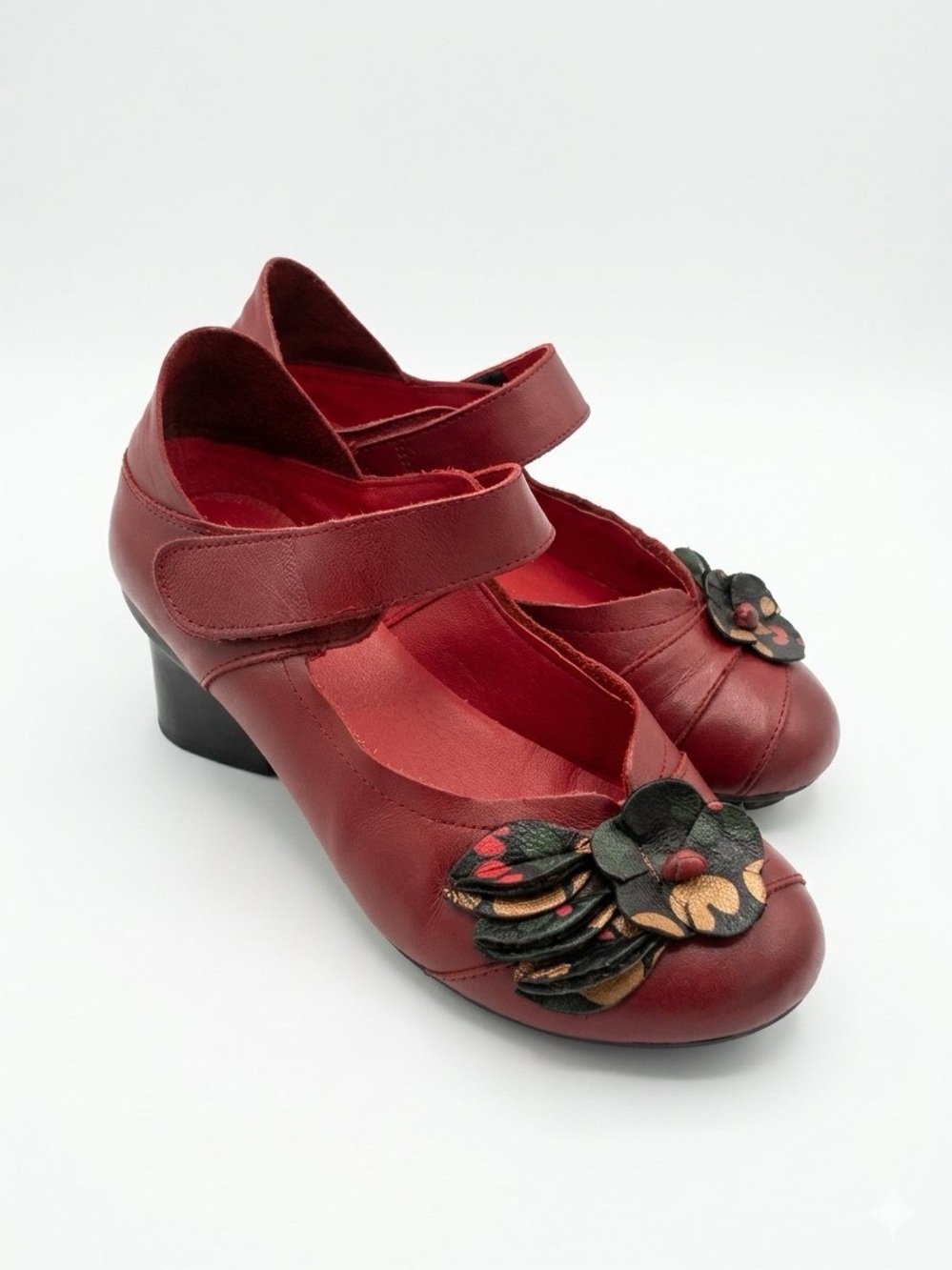 Socofy leather Women’s Red Mary Jane Heels with Floral Accent